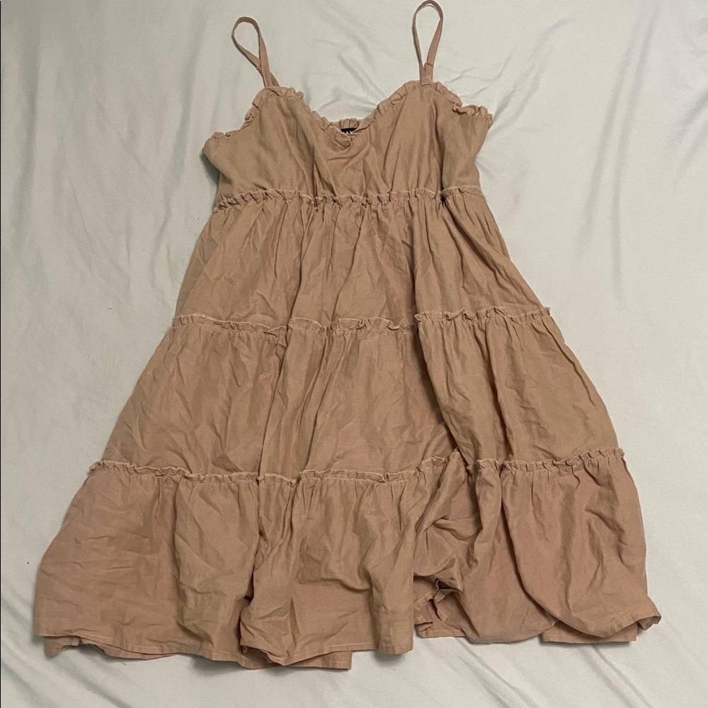 Chic Tan Ruffle Mini Dress